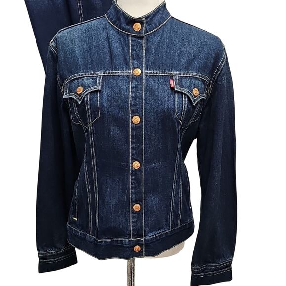 Levi's Strauss Women Classic Dark Denim with Yellow Stitch Jacket and Jeans Set - Picture 2 of 16